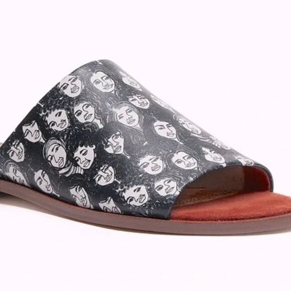 KELSI DAGGER BROOKLYN Ruthie printed leather flat slide sandal faces 6.5 - Picture 1 of 16